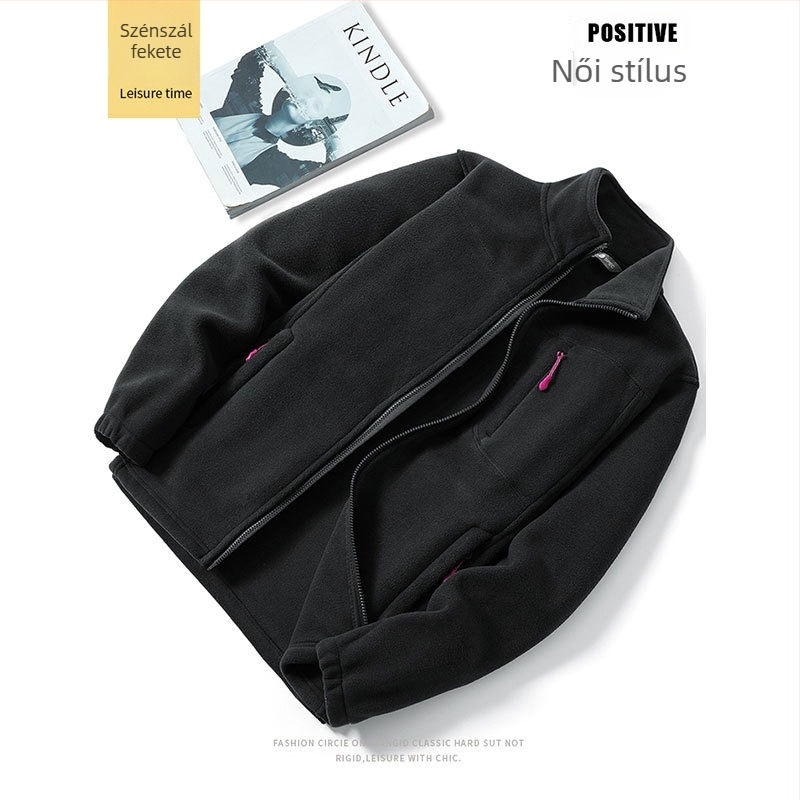 Flís kardigán dzseki, polar fleece, egyszínű, magas gallér, meleg télen és ősszel