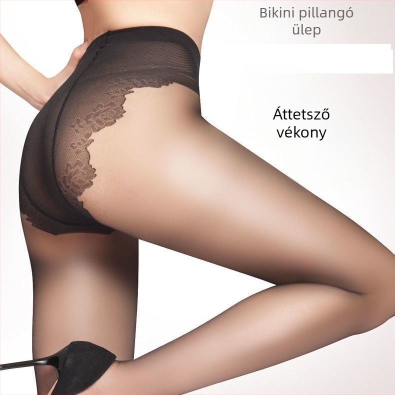 Női ultrakönnyű, áttetsző harisnyanadrág, fekete nude szín, bikini kivágású gusset, pillangó mintázat, szexi nylon harisnya