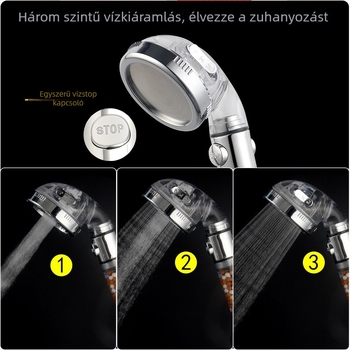 Negatív ionos zuhanyfej, egygombos vízleállítás, 3 üzemmódban szabályozható áramlás, PP pamut szűrő, menetes csatlakozás