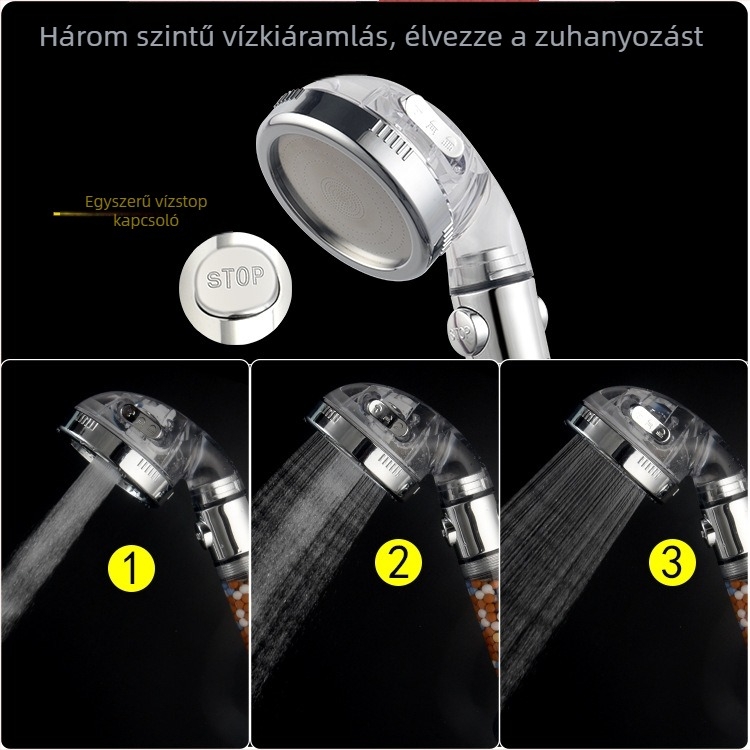 Negatív ionos zuhanyfej, egygombos vízleállítás, 3 üzemmódban szabályozható áramlás, PP pamut szűrő, menetes csatlakozás