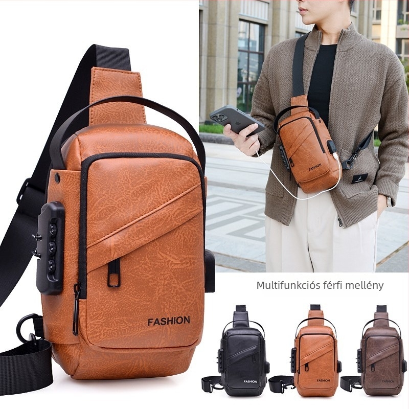 Férfi PU bőr crossbody táska – vízálló, ultra könnyű, USB interfész, lopás elleni védelem, kopásálló