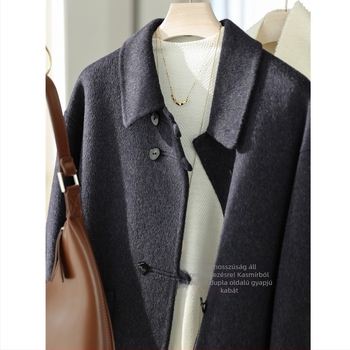 Női kézzel készített dupla oldalas kasmírgyapjú kabát, középhosszú, gallér, hosszú ujjú