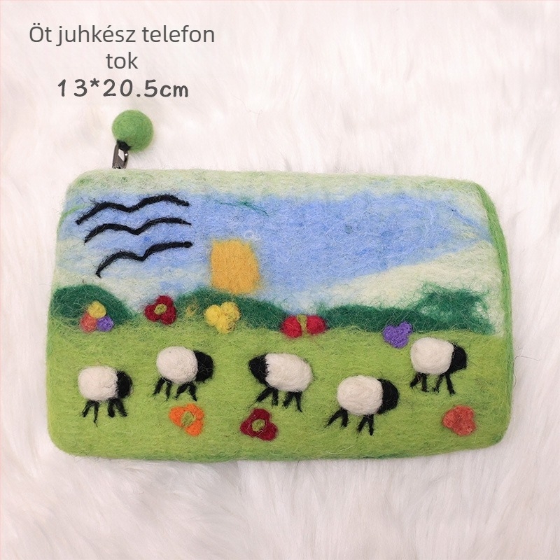 Gyapjúfilcből készült érmés pénztárca bárány motívummal, yurta formájú, városi minimalista stílus, uniszex
