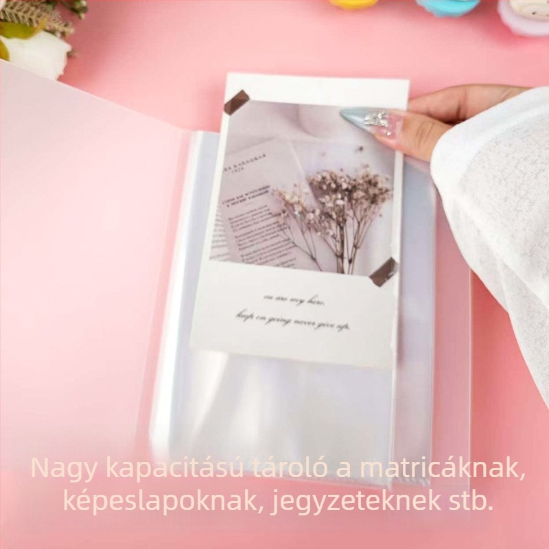Átlátszó postai képeslap-tároló és információs füzet tárolótáskával