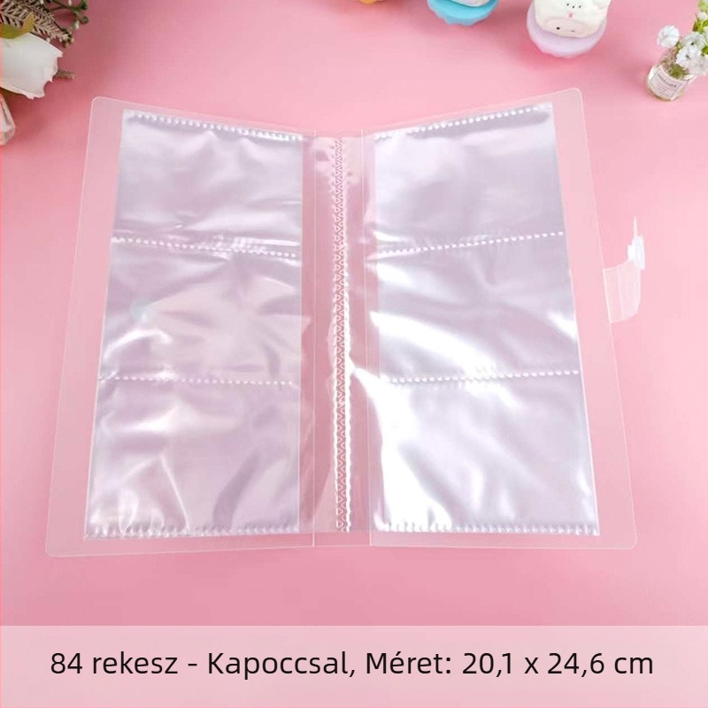 Átlátszó postai képeslap-tároló és információs füzet tárolótáskával
