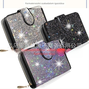 Női cipzáros rhinestone pénztárca PU bőrrel, poliészter bélés, kártyatartó