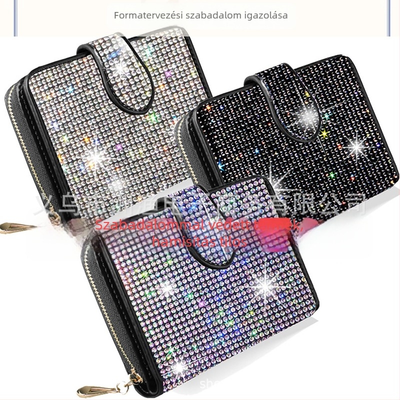 Női cipzáros rhinestone pénztárca PU bőrrel, poliészter bélés, kártyatartó