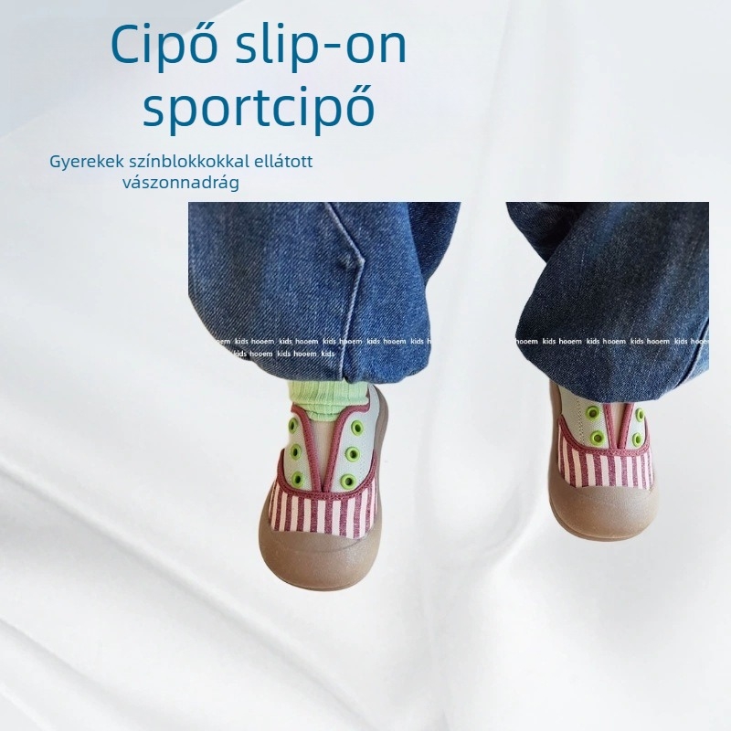 Gyerekeknek készült vászon Slip-On cipő elasztikus pánttal, alacsony bokarész, gumitalp, színblokkal mintázott dizájn, koreai stílus, tavasz 2025