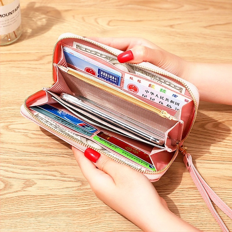Női hosszú cipzáras pénztárca, városi minimalist stílus, PU külső, nylon belső, egyszínű modell, Nyár 2023