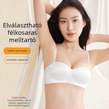 Vezeték nélküli melltartó fényes szatén anyagból, varrás nélküli, oldalsó formázás, vállpánt nélküli, hátoldali négy kampóval záródó, nylon anyag