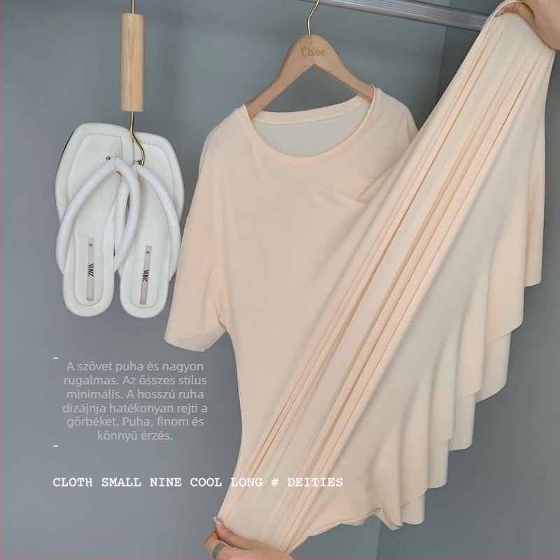 A-line ruha, Ice Silk anyag, rövid ujjú, kerek nyak, közepes hosszúságú