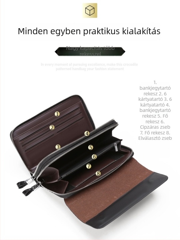 Férfi clutch krokodil mintás bőrrel, üzleti stílus, domborított bőr, kopásálló, poliészter bélés