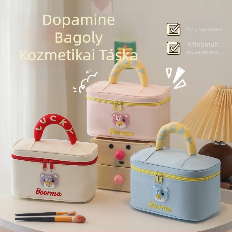 Dopamine maci alakú kozmetikai táska nőknek – rajzfilmszerű mintázat, velúrhatású anyag, poliészter bélés, hordozható, mindennapi használat