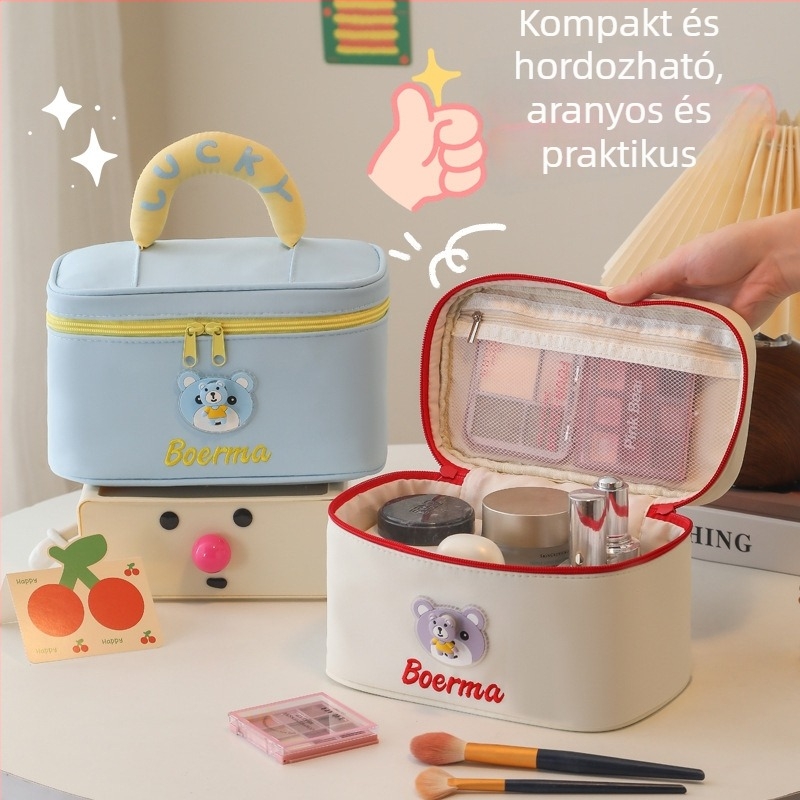 Dopamine maci alakú kozmetikai táska nőknek – rajzfilmszerű mintázat, velúrhatású anyag, poliészter bélés, hordozható, mindennapi használat