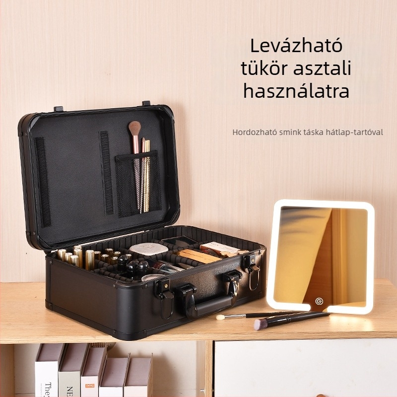 Sminkes neszesszer beépített világítással és tükrökkel, PVC anyagú, vízálló, zárható lakattal