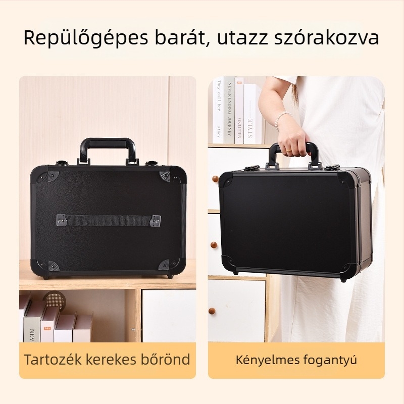Sminkes neszesszer beépített világítással és tükrökkel, PVC anyagú, vízálló, zárható lakattal
