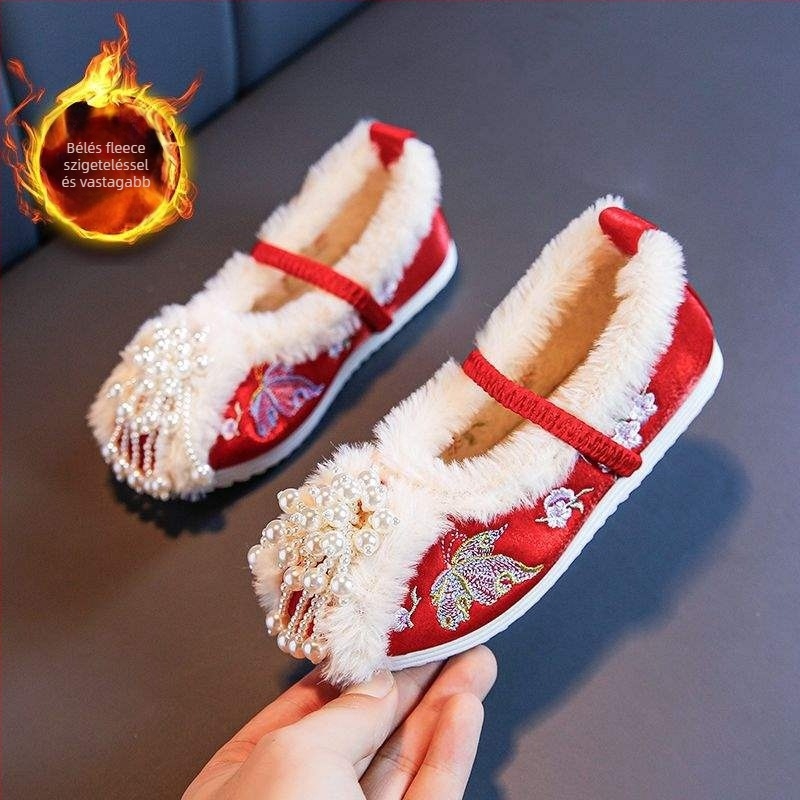 Hanfu kézzel szőtt női cipő, etnikus stílus, hímzett pamut felsőrész, slip-on, felfelé ívelt orr, lapos négyzet alakú sarka