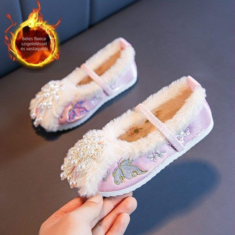 Hanfu kézzel szőtt női cipő, etnikus stílus, hímzett pamut felsőrész, slip-on, felfelé ívelt orr, lapos négyzet alakú sarka