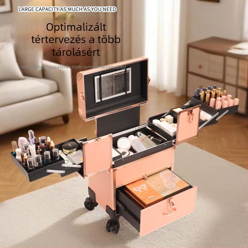 Sminkes doboz alumínium ötvözetű vázzal, húzókarral, forgó kerekekkel, zárható, bővíthető kialítás