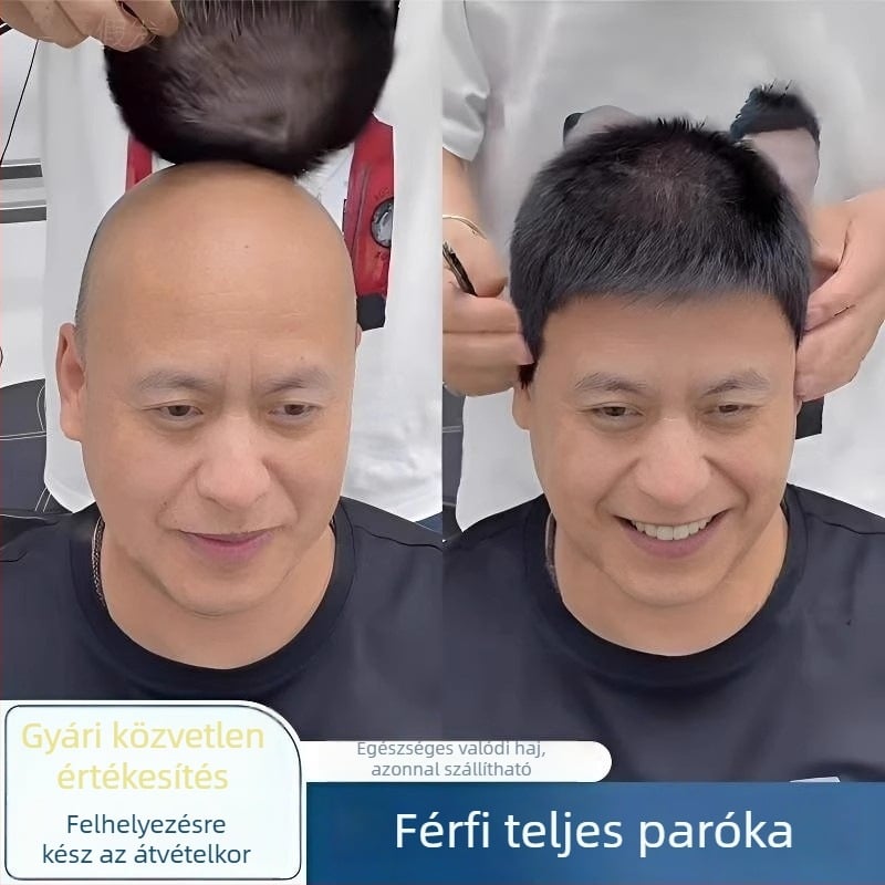 Férfi paróka, valódi emberi haj, rövid fazon, modell 9002, nem festhető és nem dauerolható, növeli a haj volumenét