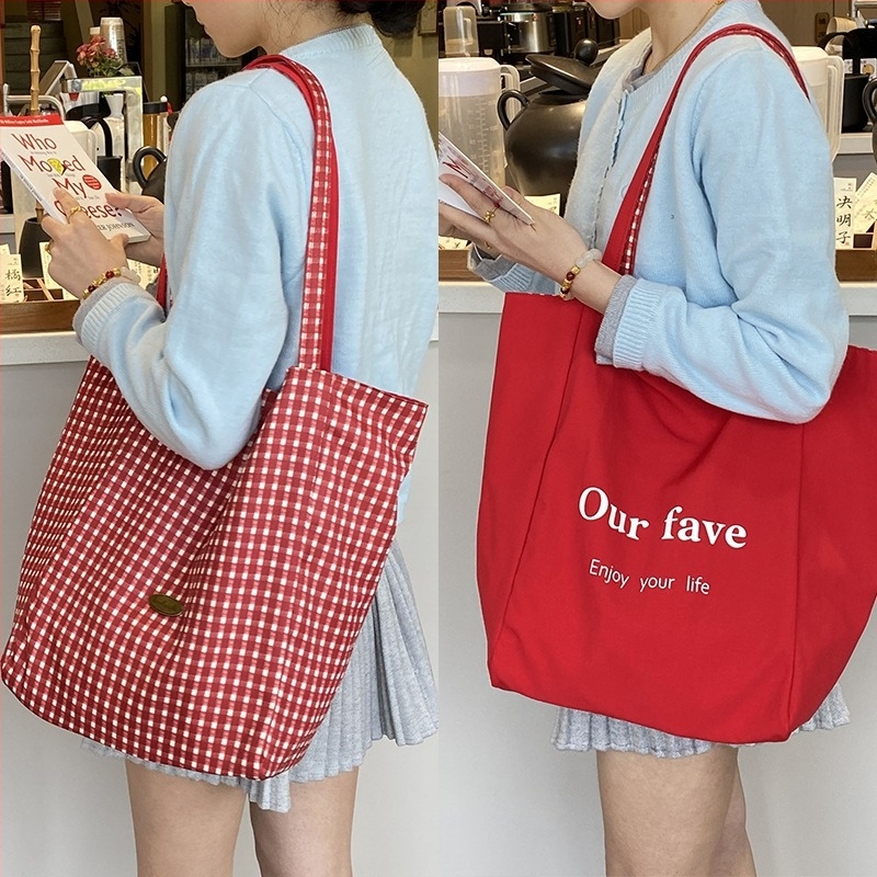 Nylon Tote táska, Megfordítható kockás minta, Uniszex, Nyitott tetejű