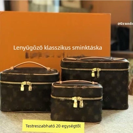 Kis bőr kozmetikai táska cipzárral, első réteg marhabőrből, betűs mintázat, PVC bélés, hordozható