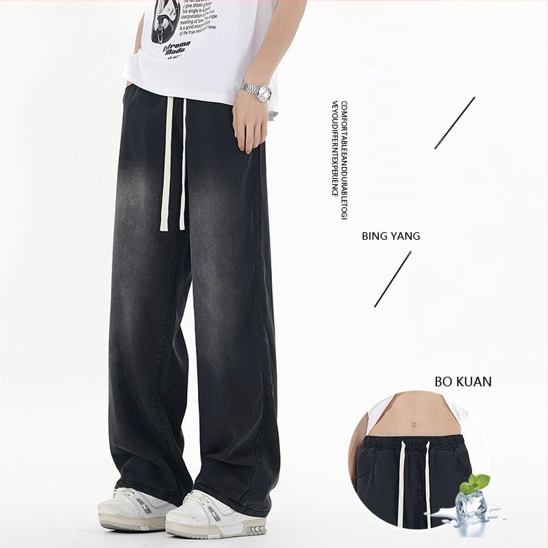 Nadrág, koreai stílus, egyenes szabás, alacsony derék, cipzár, kézzel rajzolt