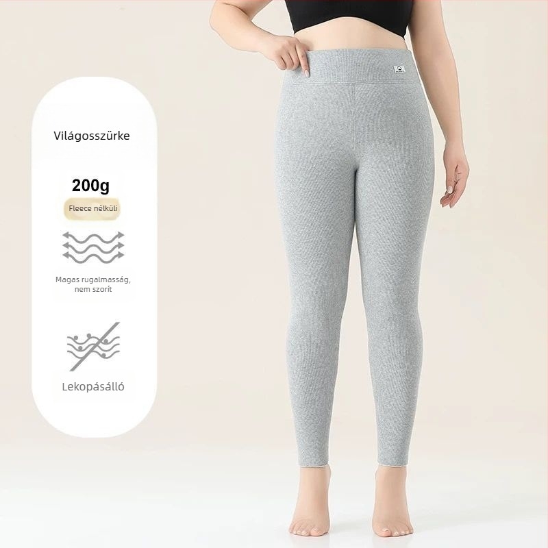Női pamutból készült fleece-béléssel ellátott leggings, csíkos mintázat, magas derekú, teljes hosszúságú, pamut-elasztán anyag