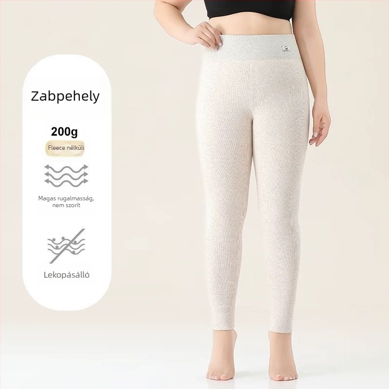 Női pamutból készült fleece-béléssel ellátott leggings, csíkos mintázat, magas derekú, teljes hosszúságú, pamut-elasztán anyag