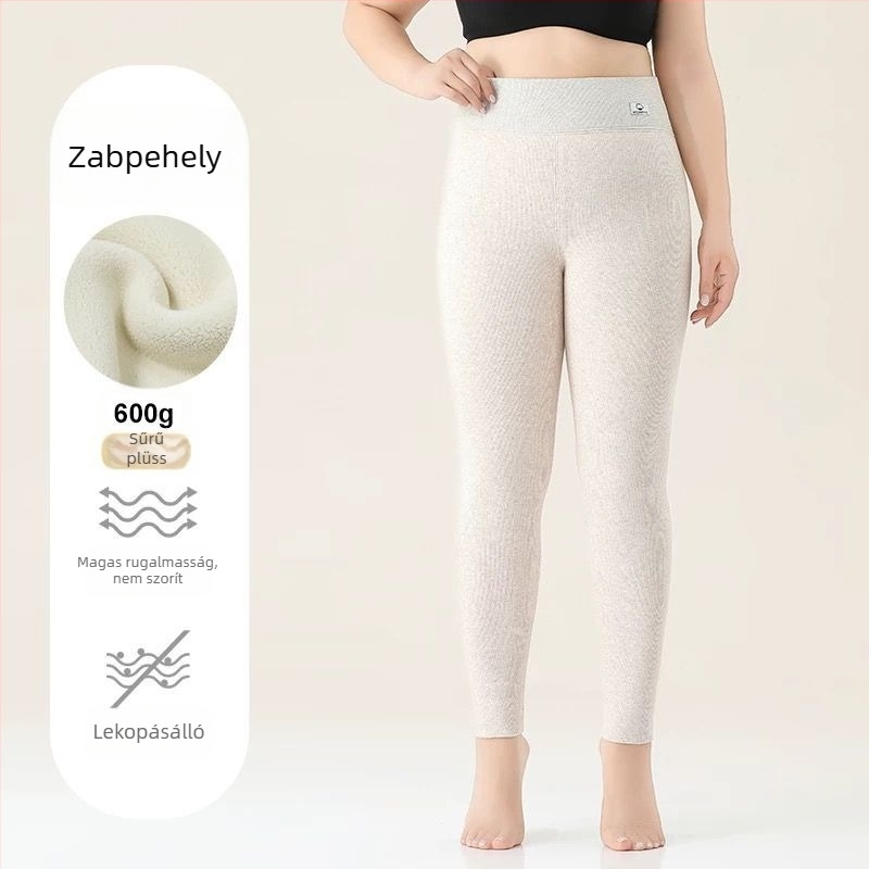 Női pamutból készült fleece-béléssel ellátott leggings, csíkos mintázat, magas derekú, teljes hosszúságú, pamut-elasztán anyag