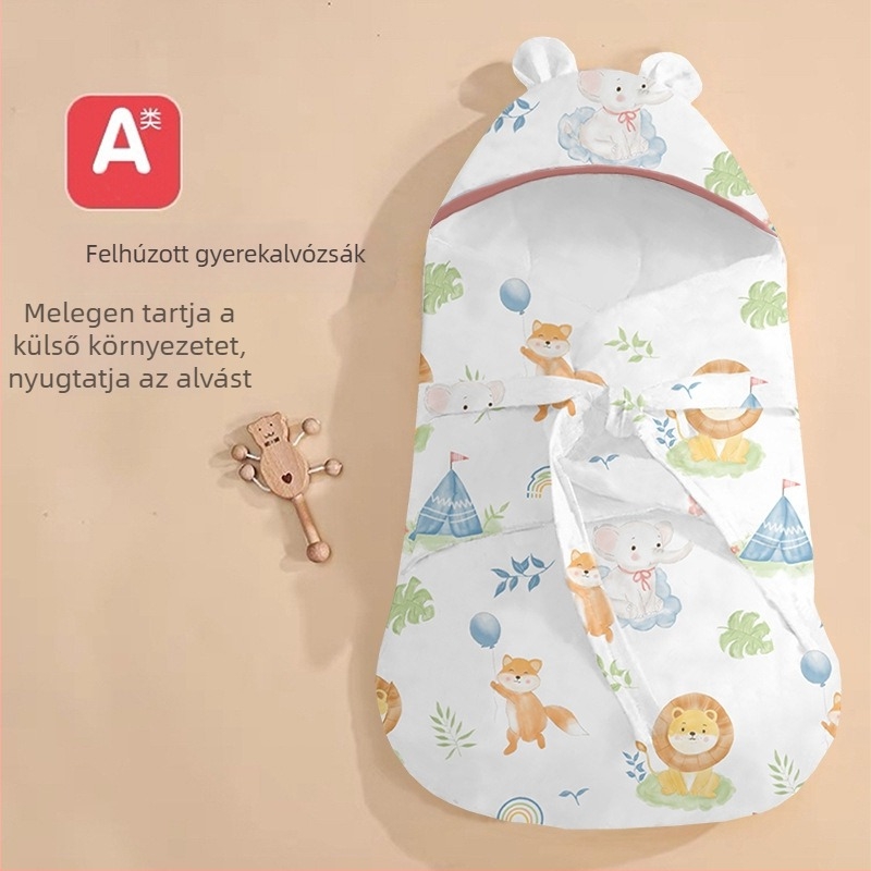 Újszülött ölelős hálózsák – külső anyag 95% pamut, töltet pamut, minta állatok/karikatúra, biztonsági osztály A, nyárra és tavaszra alkalmas