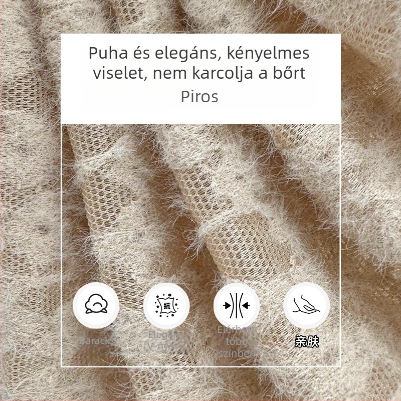 Csipkés V-nyakú kötött pulóver, poliészter-elasztán keverék, 3D díszítő stílus, elegáns érett megjelenés, bő szabás, hosszú ujjú