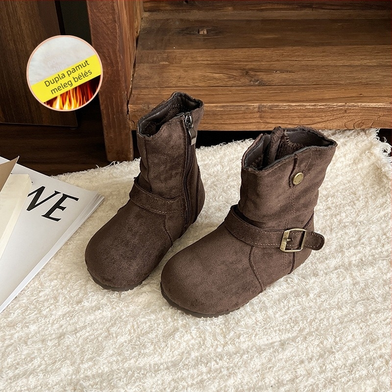 Gyerekeknek készült retro velúr rövid bakancs fleece-béléssel, lányoknak és babáknak, oldalsó cipzárral, alacsony szárú