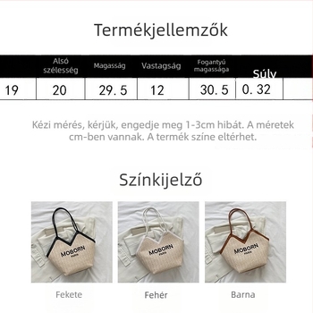 Szalmából szövött kézitáska zipzáras záródással, poliészter bélés, függőleges téglalap alakú forma, belső cipzáras zseb, dupla vállpánt
