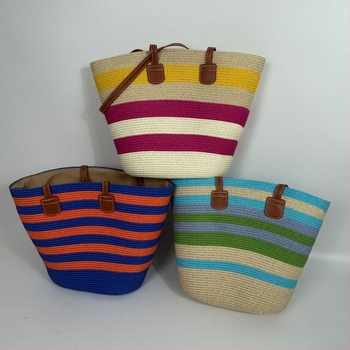 Retro nagy kapacitású szalma bucket táska, kötött textúrával, dupla vállpánt, strand-stílus