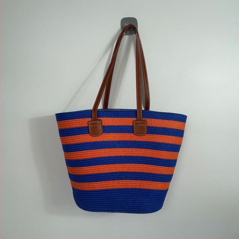 Retro nagy kapacitású szalma bucket táska, kötött textúrával, dupla vállpánt, strand-stílus