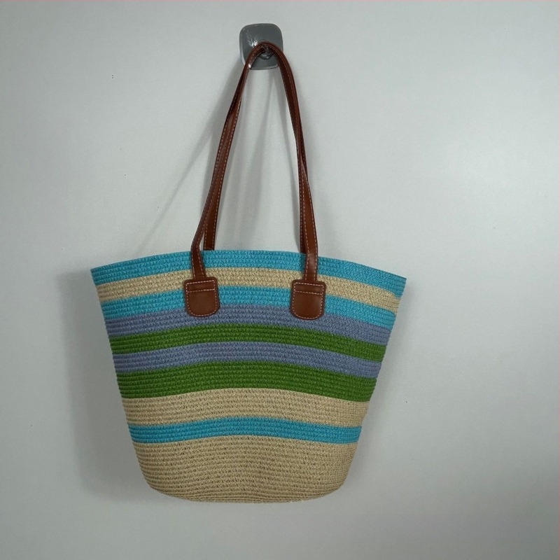 Retro nagy kapacitású szalma bucket táska, kötött textúrával, dupla vállpánt, strand-stílus