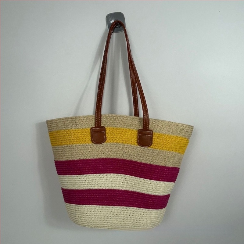 Retro nagy kapacitású szalma bucket táska, kötött textúrával, dupla vállpánt, strand-stílus