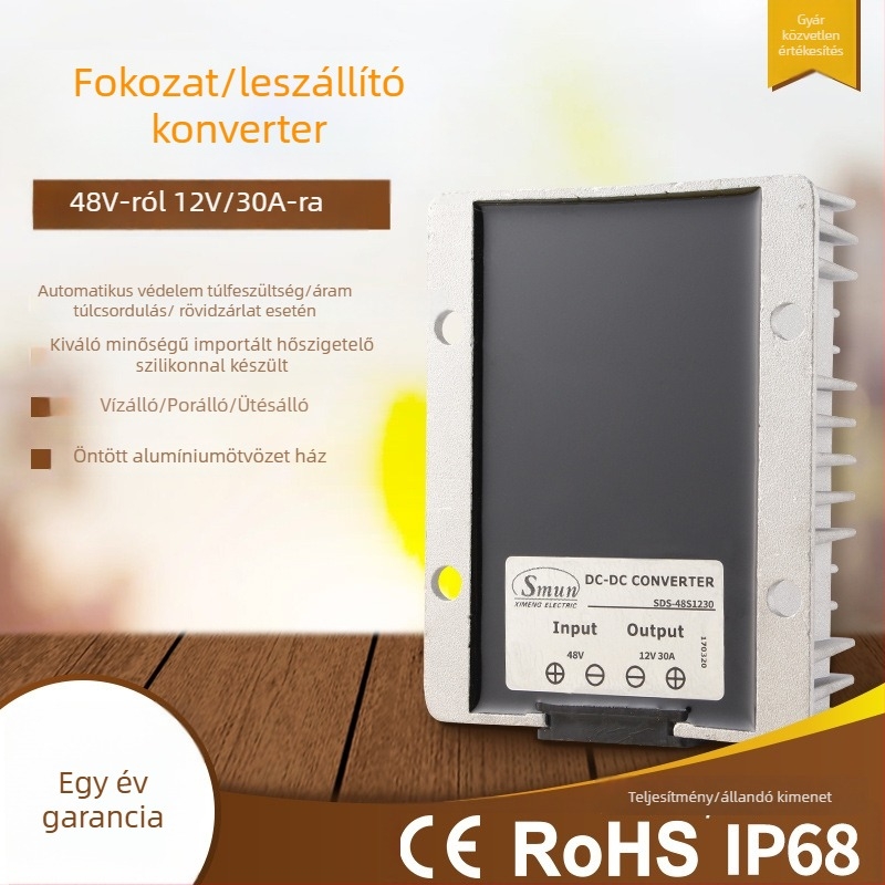 DC-DC buck-boost konverter bemenet 48V, kimenet 12V, max 30A, 350W, IP68, PWM kapcsolás