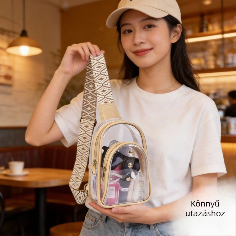Átlátszó PVC crossbody táska, uniszex, cipzáras zárás, PVC bélés, rejtett cipzáros zseb