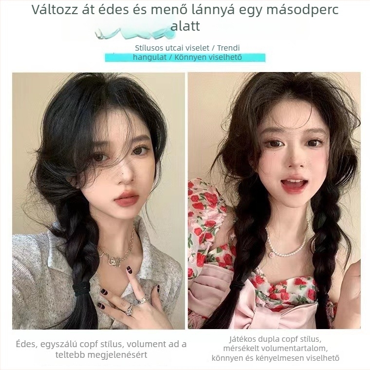 Paróka fonott copfokkal, dupla copf, magas copf, természetes megjelenés, édes és játékos stílus