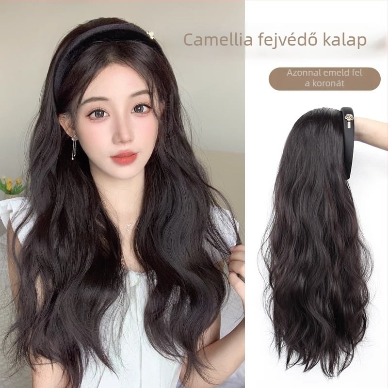 Camellia hajpántos paróka – vízhullámú göndör haj, levehető Camellia hajpánt, U-alakú félfej fedés, hőálló huzal, természetes hatás