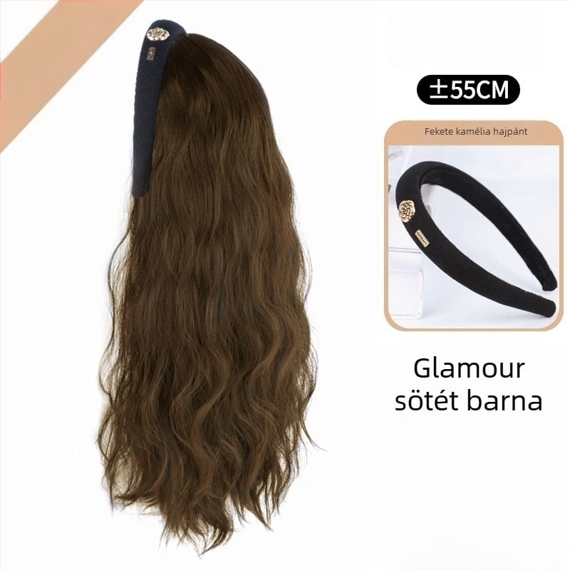 Camellia hajpántos paróka – vízhullámú göndör haj, levehető Camellia hajpánt, U-alakú félfej fedés, hőálló huzal, természetes hatás