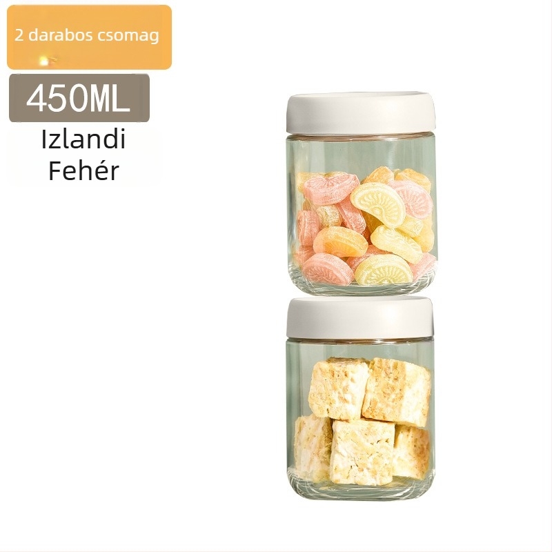 Üveg zárható tárolóedények élelmiszerekhez, kerek formájú kis konyhai tárolók, 300 ml alatt, modern minimalist stílus.