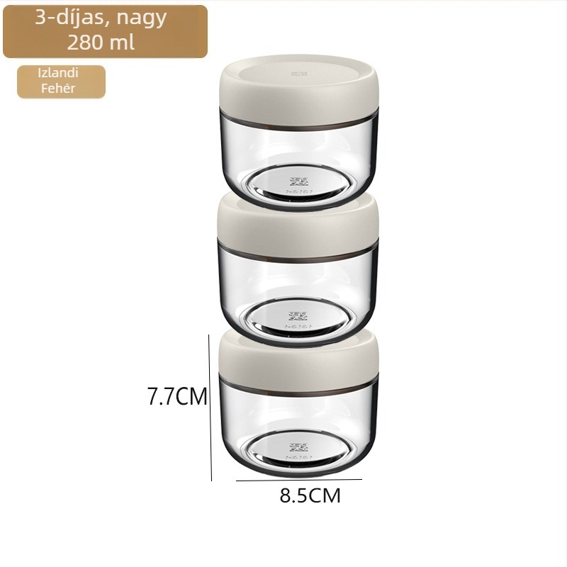Üveg zárható tárolóedények élelmiszerekhez, kerek formájú kis konyhai tárolók, 300 ml alatt, modern minimalist stílus.