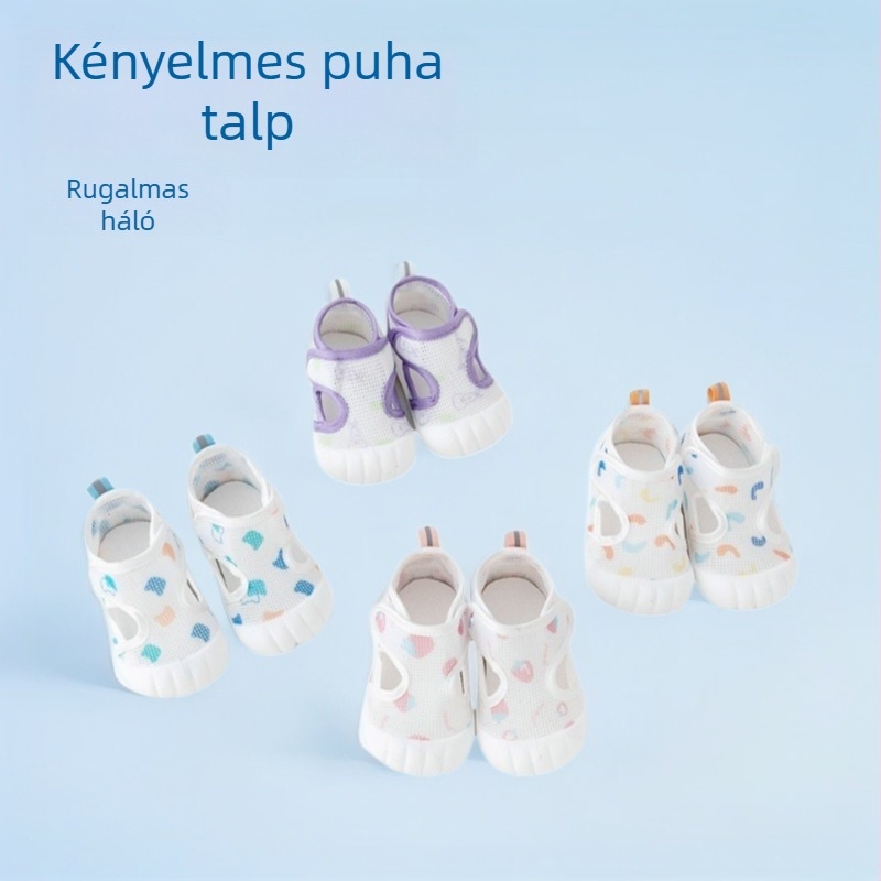 Nyári babacipők, lélegző hálós felsővel, uniszex, Velcro-zárás, csúszásmentes talp, alacsony profil, 12–36 hónapos korosztálynak