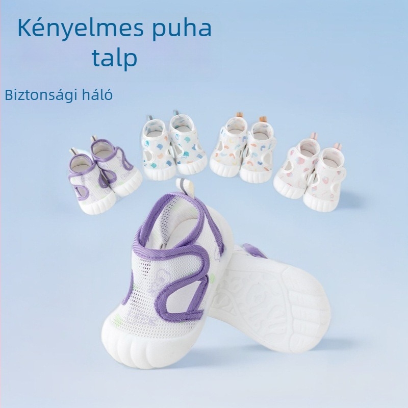 Nyári babacipők, lélegző hálós felsővel, uniszex, Velcro-zárás, csúszásmentes talp, alacsony profil, 12–36 hónapos korosztálynak