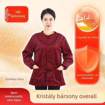 Koreai stílusú téli kristály bársony kötény ujjas, fleece-belés, oversize, kopásálló és foltálló munkaruha nőknek, ősz–tél.