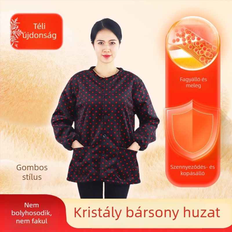 Koreai stílusú téli kristály bársony kötény ujjas, fleece-belés, oversize, kopásálló és foltálló munkaruha nőknek, ősz–tél.