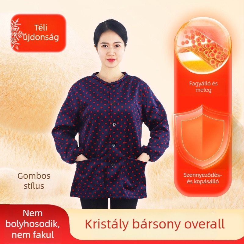Koreai stílusú téli kristály bársony kötény ujjas, fleece-belés, oversize, kopásálló és foltálló munkaruha nőknek, ősz–tél.